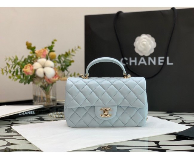 Chanel Lambskin Mini Flap Bag with Top Handle AS2431 Pale Blue/Gold 2022