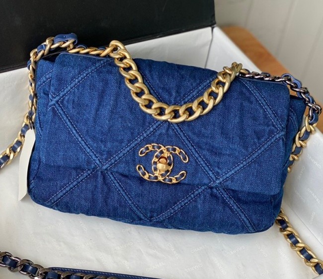 Chanel 19 Washed Denim Small 26cm Flap Bag AS1160 Dark Blue 2022 040715