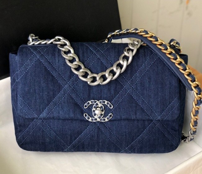 Chanel 19 Denim Large 30cm Flap Bag AS1161 Navy Blue 2022 040715