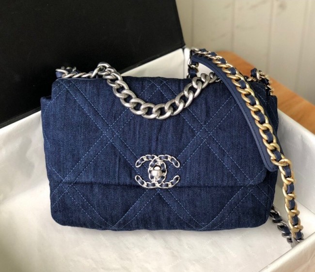 Chanel 19 Washed Denim Small 26cm Flap Bag AS1160 Navy Blue 2022 040714