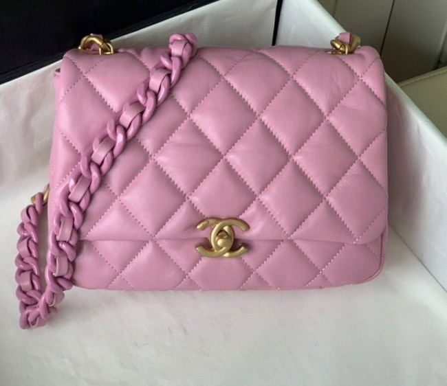 Chanel Lambskin Small Flap Bag with Lacquered Metal Chain AS3206 Pink 2022