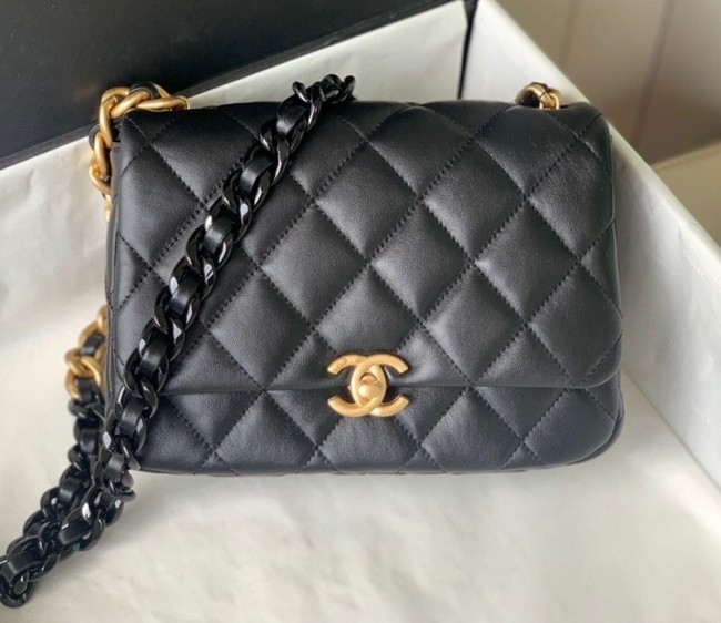 Chanel Lambskin Small Flap Bag with Lacquered Metal Chain AS3206 Black 2022