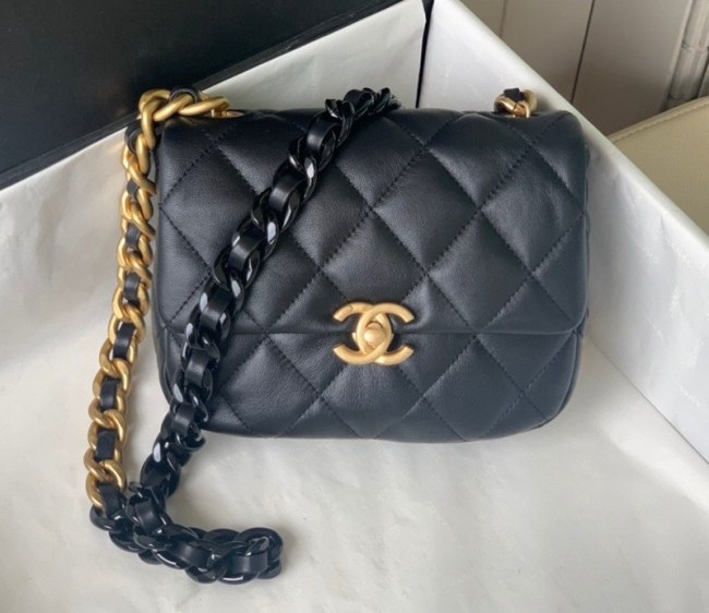 Chanel Lambskin Mini Flap Bag with Lacquered Metal Chain AS3205 Black 2022