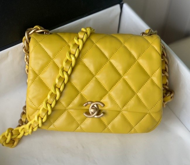 Chanel Lambskin Small Flap Bag with Lacquered Metal Chain AS3206 Yellow 2022