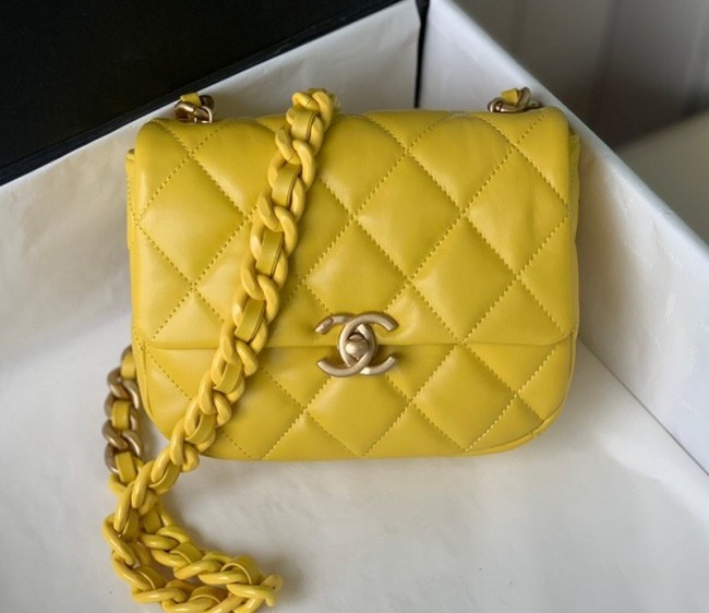 Chanel Lambskin Mini Flap Bag with Lacquered Metal Chain AS3205 Yellow 2022