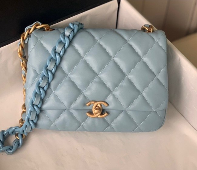 Chanel Lambskin Small Flap Bag with Lacquered Metal Chain AS3206 Blue 2022