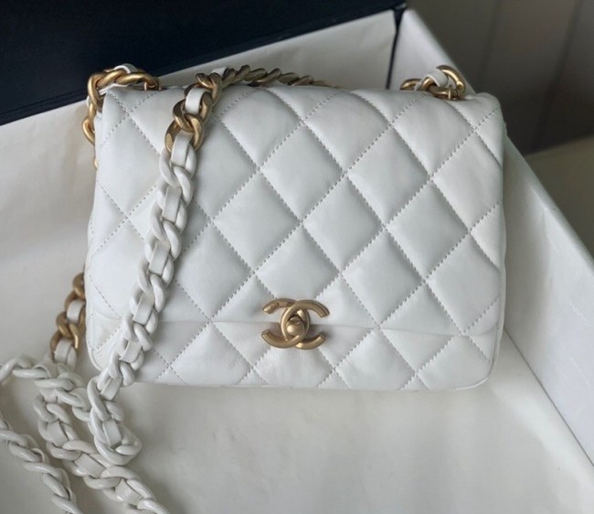 Chanel Lambskin Small Flap Bag with Lacquered Metal Chain AS3206 White 2022