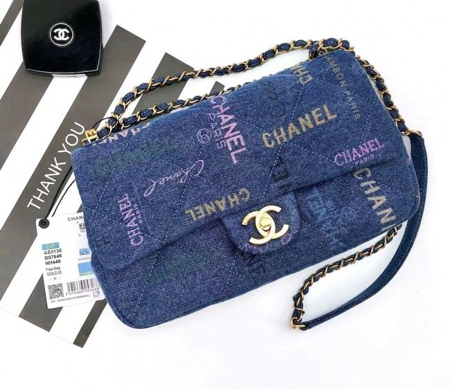 Chanel Printed Denim Large Flap Bag AS3135 Blue/Multicolor 2022 TOP