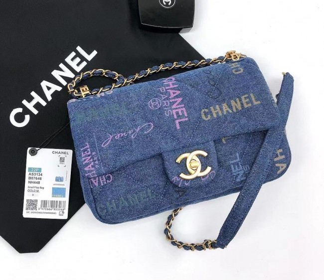 Chanel Printed Denim Small Flap Bag AS3134 Blue/Multicolor 2022 TOP