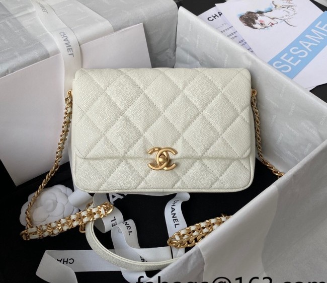 Chanel Grained Calfskin Flap Bag with Double Chain White 2022