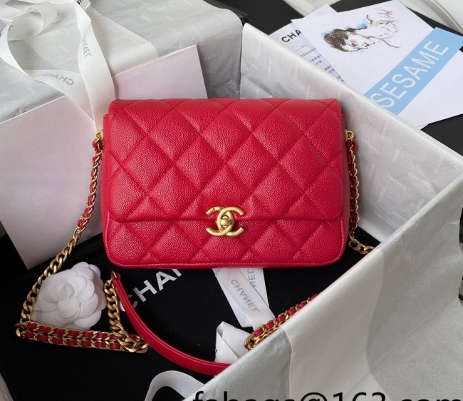 Chanel Grained Calfskin Flap Bag with Double Chain Red 2022