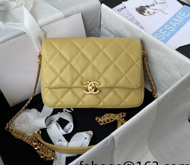 Chanel Grained Calfskin Flap Bag with Double Chain Yellow 2022