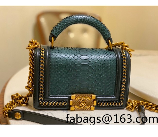 Chanel Pythonskin Leather Small Boy Flap bag with Top Handle and Chain Green/Gold 2022