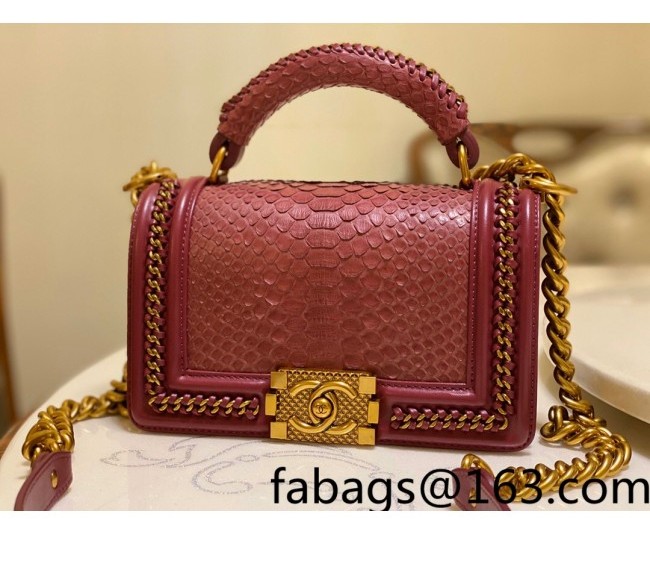 Chanel Pythonskin Leather Small Boy Flap bag with Top Handle and Chain Red/Gold 2022