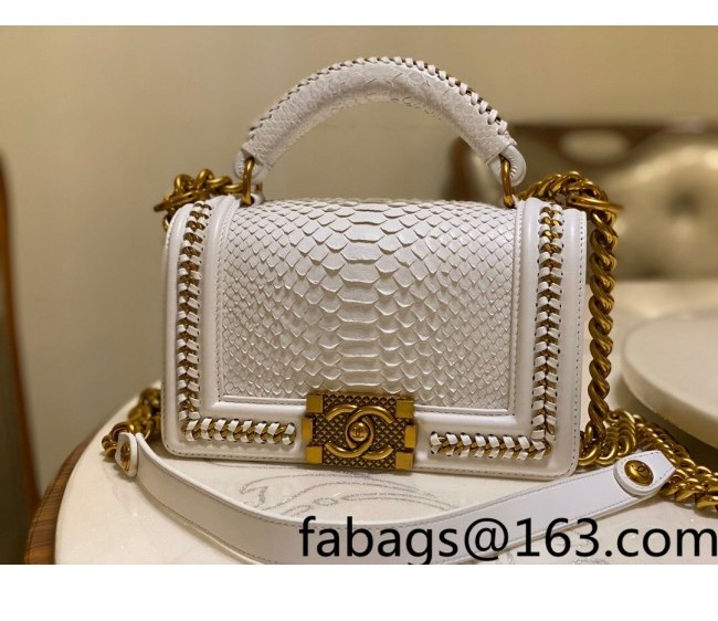 Chanel Pythonskin Leather Small Boy Flap bag with Top Handle and Chain White/Gold 2022