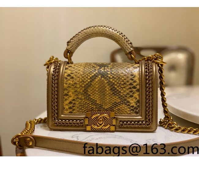 Chanel Pythonskin Leather Small Boy Flap bag with Top Handle and Chain Gold Leather 2022