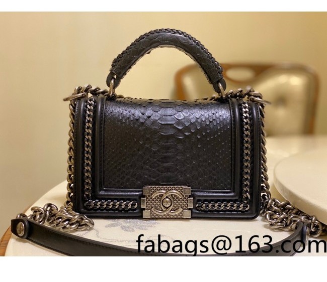 Chanel Pythonskin Leather Small Boy Flap bag with Top Handle and Chain Black/Aged Silver 2022