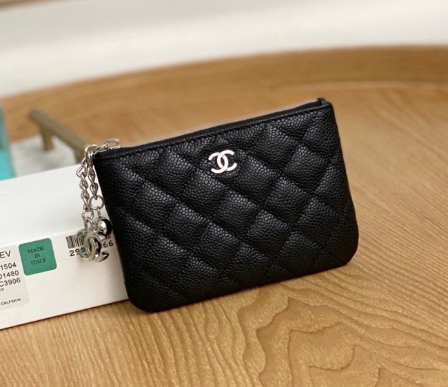 Chanel Grained Calfskin Mini Pouch with Charm A70119 Black/Silver 2022