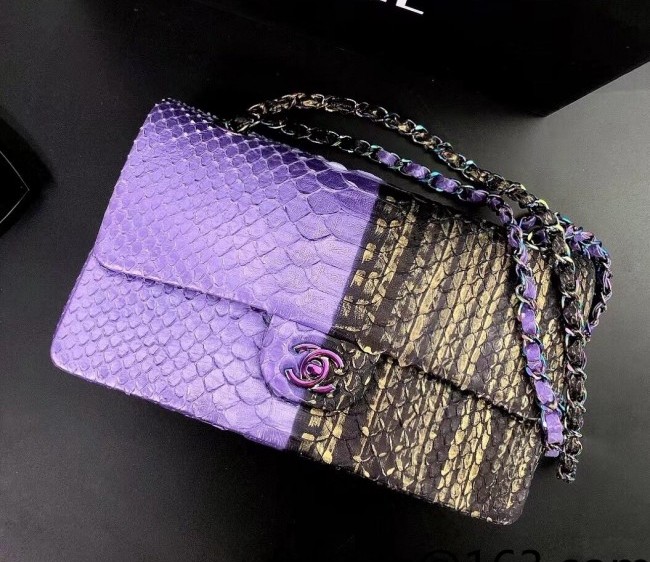 Chanel Pythonskin Embossed Leather Medium Calssic Flap Bag A01112 Purple/Gold 2022 09