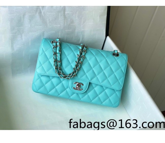 Chanel Quilted Grained Calfskin Medium Classic Flap Bag A01112 Turquoise Blue/Silver 2022