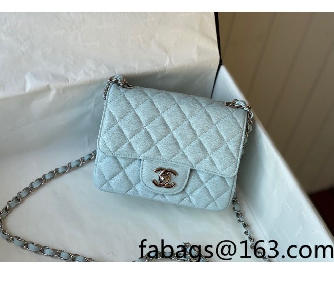 Chanel Grained Calfskin Classic Mini Sqaure Flap Bag A35200 Light Blue/Silver 2022