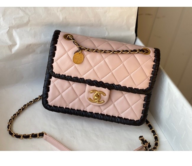 Chanel Calfskin Braided Trim Small Square Flap Bag AS2496 Pink 2022