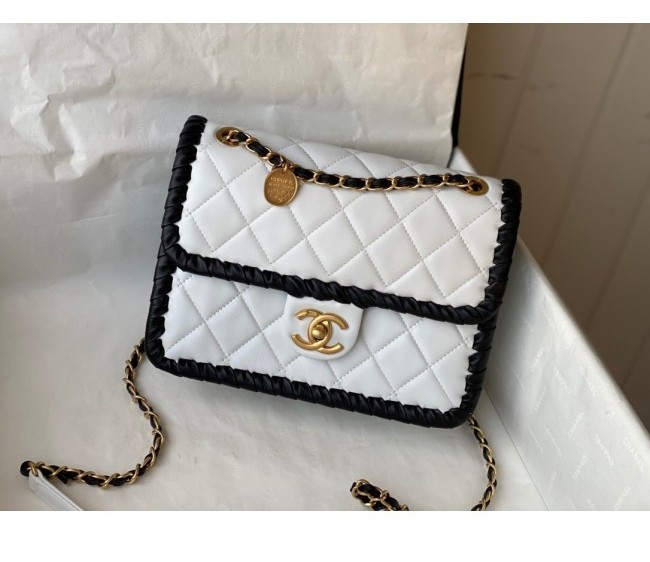 Chanel Calfskin Braided Trim Small Square Flap Bag AS2496 White 2022