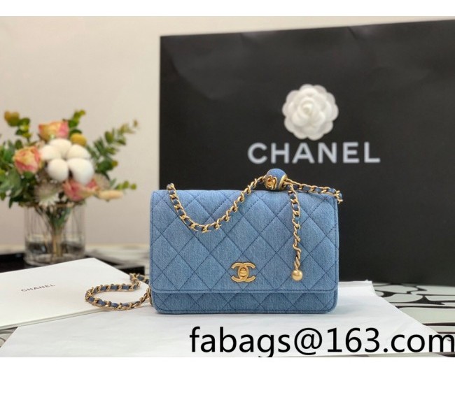 Chanel Denim Wallet on Chain WOC with Ball AP1450 Light Blue 2022 27