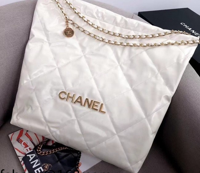 Chanel 22 Shiny Calfskin Large Shopping Bag AS3262 White/Gold 2022