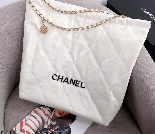 Chanel 22 Shiny Calfskin Large Shopping Bag AS3262 White/Black 2022