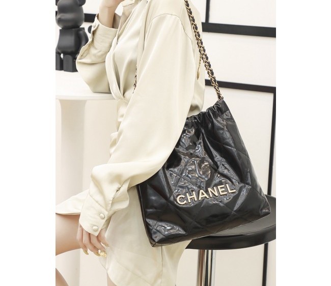 Chanel Shiny Calfskin Small Shopping Bag AS3260 Black SS 2022