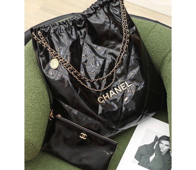 Chanel 22 Shiny Calfskin Large Shopping Bag AS3262 Black SS 2022