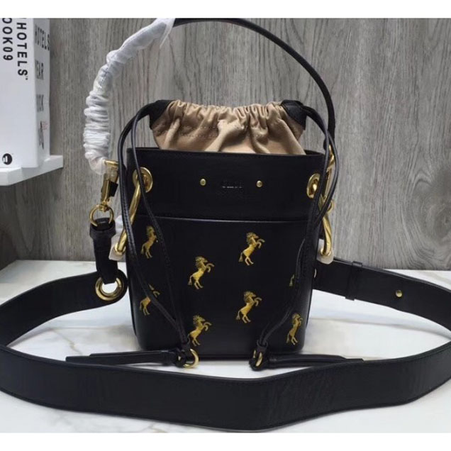 Chloe Smooth Calfskin Mini Roy Bucket Bag Little Horses Embroidery Black 2018