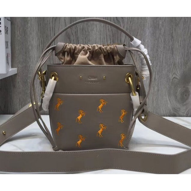 Chloe Smooth Calfskin Mini Roy Bucket Bag Little Horses Embroidery Gray 2018