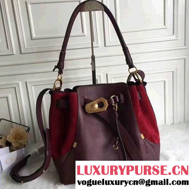 Chloe Medium Owen Bucket Bag In Suede & Smooth Calfskin Burgundy 2017 (XYD-7111307 )