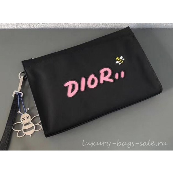 Dior Nylon Bee DIOR X KAWS Pouch Clutch Bag Black with Pink Logo 2019