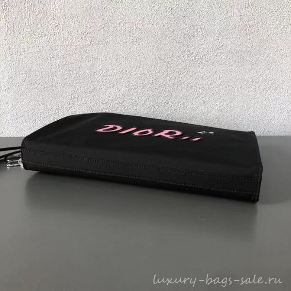 Dior Nylon Bee DIOR X KAWS Pouch Clutch Bag Black with Pink Logo 2019