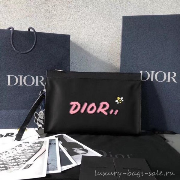 Dior Nylon Bee DIOR X KAWS Pouch Clutch Bag Black with Pink Logo 2019