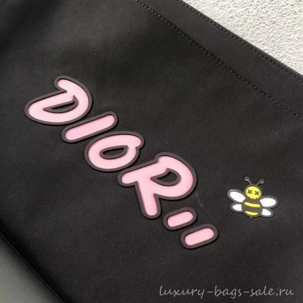 Dior Nylon Bee DIOR X KAWS Pouch Clutch Bag Black with Pink Logo 2019