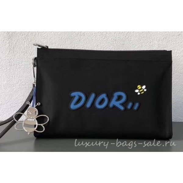 Dior Nylon Bee DIOR X KAWS Pouch Clutch Bag Black with Blue Logo 2019