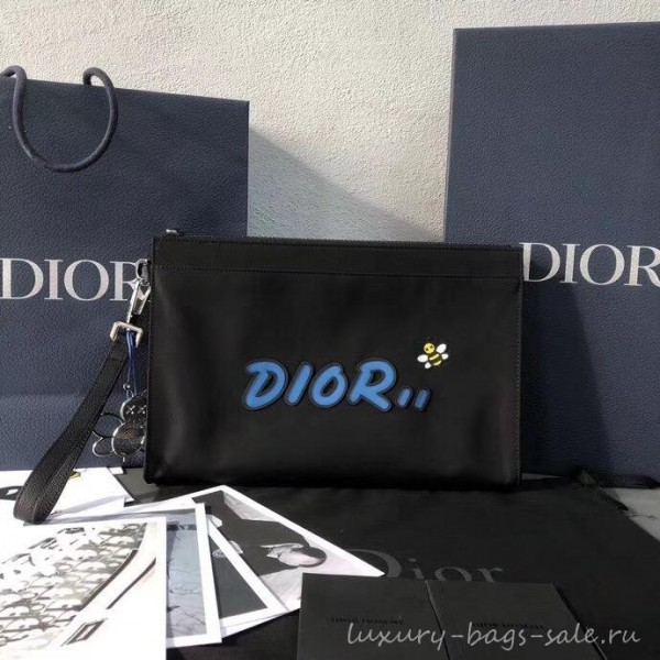 Dior Nylon Bee DIOR X KAWS Pouch Clutch Bag Black with Blue Logo 2019