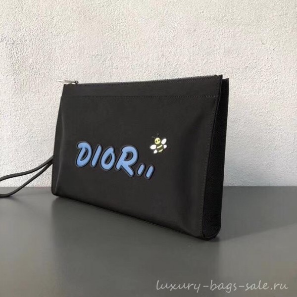 Dior Nylon Bee DIOR X KAWS Pouch Clutch Bag Black with Blue Logo 2019