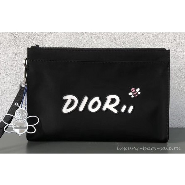 Dior Nylon Bee DIOR X KAWS Pouch Clutch Bag Black with White Logo 2019