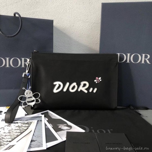 Dior Nylon Bee DIOR X KAWS Pouch Clutch Bag Black with White Logo 2019