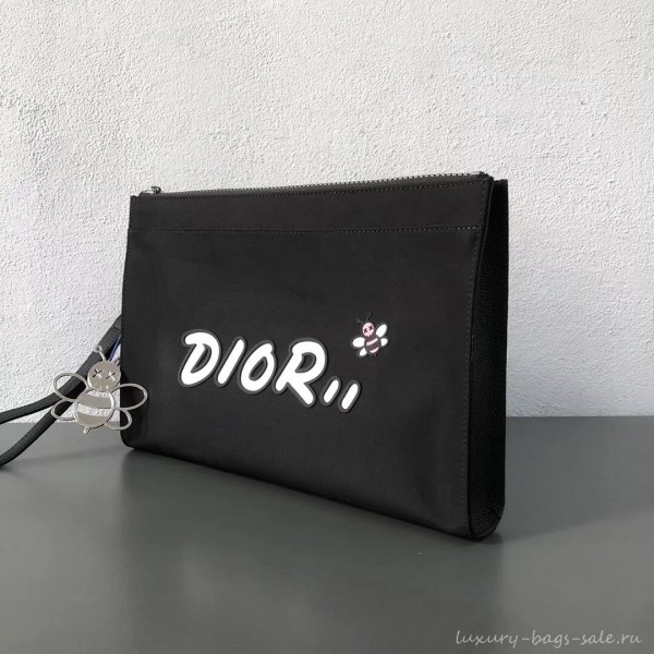 Dior Nylon Bee DIOR X KAWS Pouch Clutch Bag Black with White Logo 2019