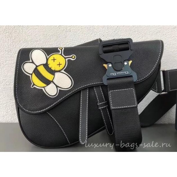 Dior Grained Calfskin Saddle Shoulder Belt Bag DIOR x KAWS Black 2019