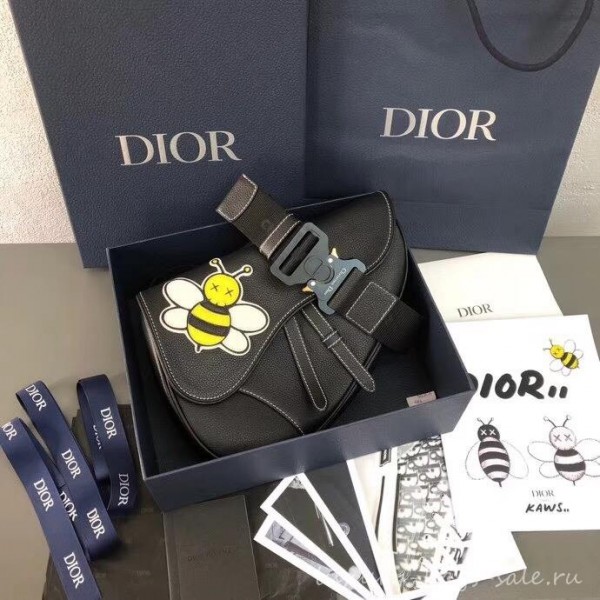 Dior Grained Calfskin Saddle Shoulder Belt Bag DIOR x KAWS Black 2019
