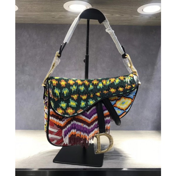 Christian Dior Saddle Bag in Embroidered Canvas Green