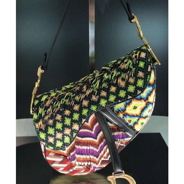 Christian Dior Saddle Bag in Embroidered Canvas Green