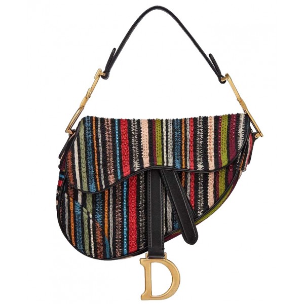 Christian Dior Muticolor Striped Embroidered Saddle Bag Green